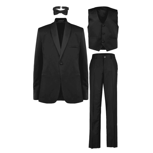 BLACK SATIN LAPEL 4 PIECE SUIT WITH VEST & BOW TIE