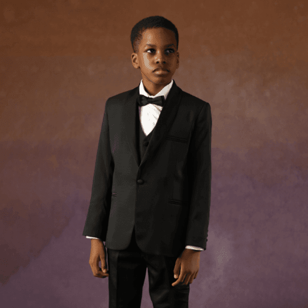 BLACK SATIN LAPEL 4 PIECE SUIT WITH VEST & BOW TIE Image