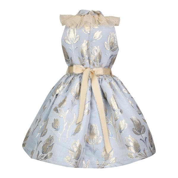 BLUE/GOLD DAMASK RUFFLED DRESS