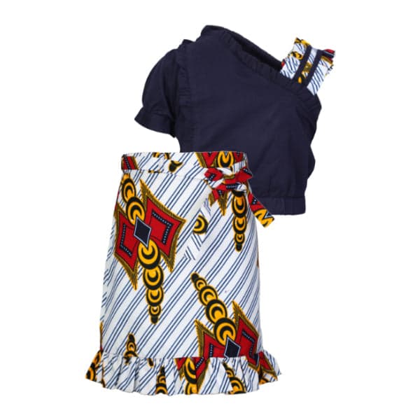 NAVY BLOUSE AND MULTICOLOUR ANKARA SKIRT SET Image