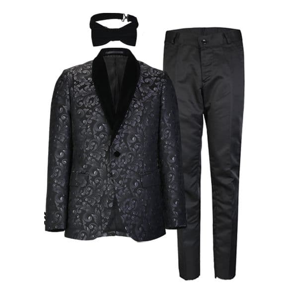 BLACK AND WHITE DAMASK 4 PIECE SUIT WITH VEST & BOW TIE Image