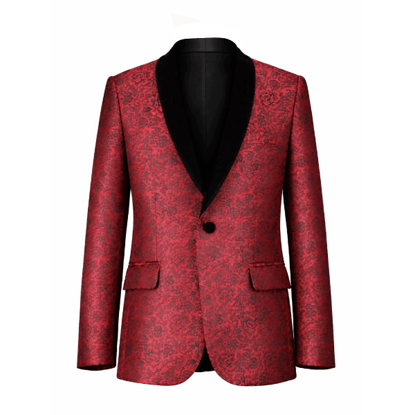 RED AND BLACK DAMASK 4 PIECE SUIT WITH VEST & BOW TIE